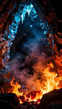 Eternal Contrast: The dramatic clash of fire and ice converge within a cavern, creating a mesmerizing spectacle of nature's raw power and ethereal beauty.