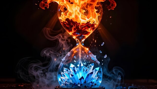 Eternal Time's Embrace: An hourglass, with a top filled with flames and a bottom sparkling with ice crystal, symbolizes the passage of time and the interplay of fire and ice.
