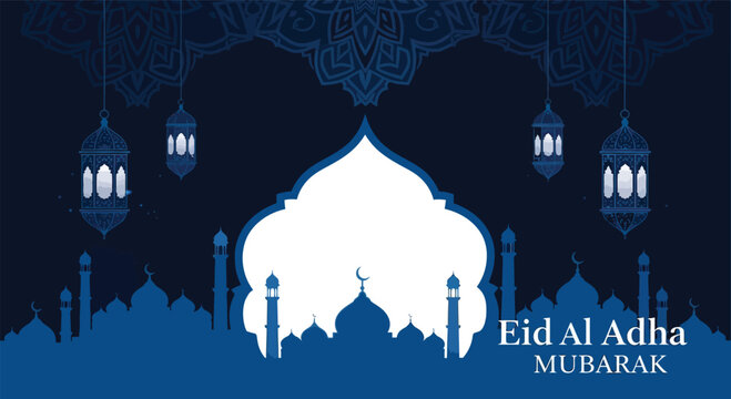 Eid al adha mubarak greeting card with mosque silhouette and lanterns