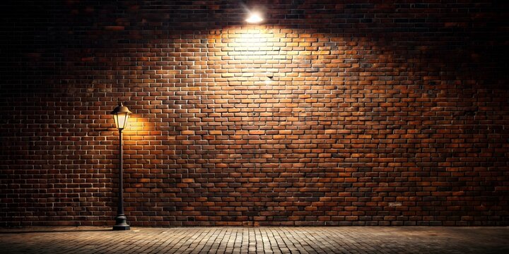 Dark brick wall alley with vintage street lamp casting warm light on cobblestone ground background texture