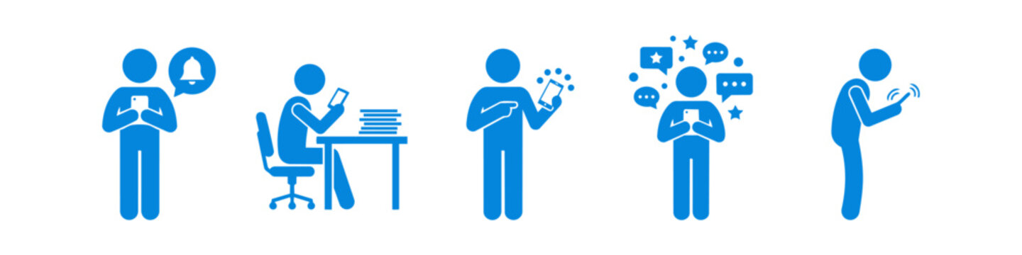 Blue vector icon set depicting smartphone addiction and digital distraction, featuring notifications, social media obsession, procrastination at work, and poor posture caused by mobile use.