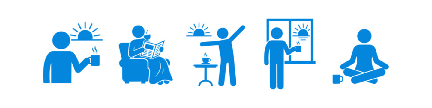 A set of blue icons depicting a healthy morning routine, including drinking coffee at sunrise, reading the newspaper, stretching, looking out a window, and meditating in a yoga pose.