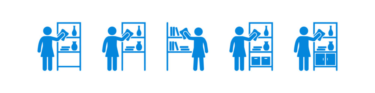 A set of blue icons illustrating a person cleaning, dusting shelves, and organizing books and vases in a home environment, ideal for housekeeping and domestic service themes.