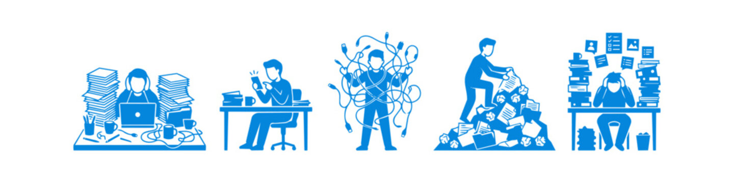 Vector illustration set depicting workplace stress, disorganization, burnout, and digital overload with cluttered desks, tangled cables, and paper piles.