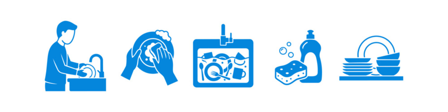 Blue icons set depicting dishwashing steps: washing at the sink, scrubbing plates, dirty sink, soap with sponge, and stacked clean dishes. Perfect for housework and hygiene themes.