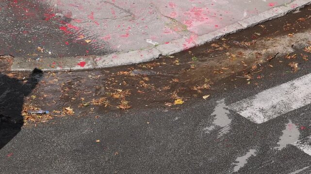 Aerial View Dirty Water Flow Wet Street Asphalt