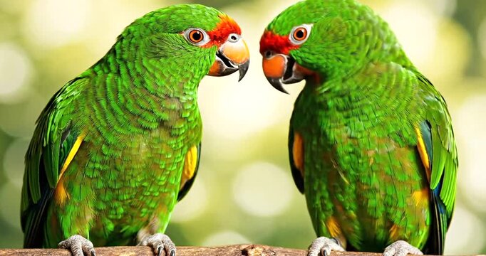 Two vibrant green parrots kissing affectionately on a branch in a natural outdoor setting
