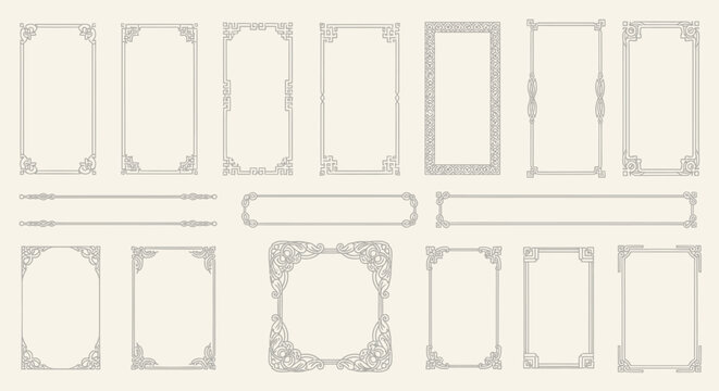 Collection of ornate rectangular and circular decorative borders and frames with intricate corner details and embellishments