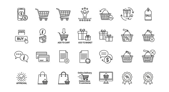 Comprehensive vector line icons illustrating e-commerce concepts, online shopping processes, secure payment transactions, and delivery services for digital business