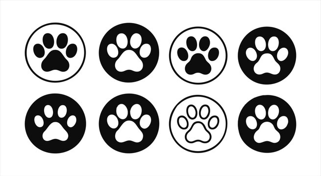 Set of round badges with animal paw print icons isolated on white background black white style.