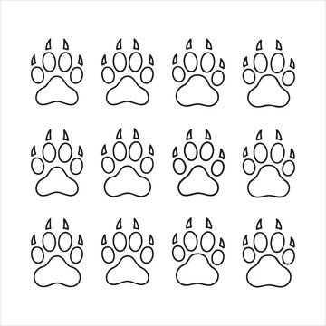 Paw print icon set with sharp claws for wolf dog and bear tracking design elements on white paper.