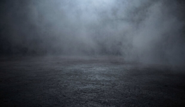A dark, mysterious scene filled with thick fog, creating an atmospheric landscape that evokes feelings of solitude and intrigue.