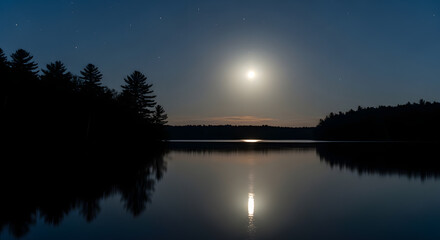 Obraz premium Full moon illuminating calm lake surrounded by trees at night, creating a peaceful and serene atmosphere. Ideal for showcasing nature, tranquility, or nighttime wilderness.