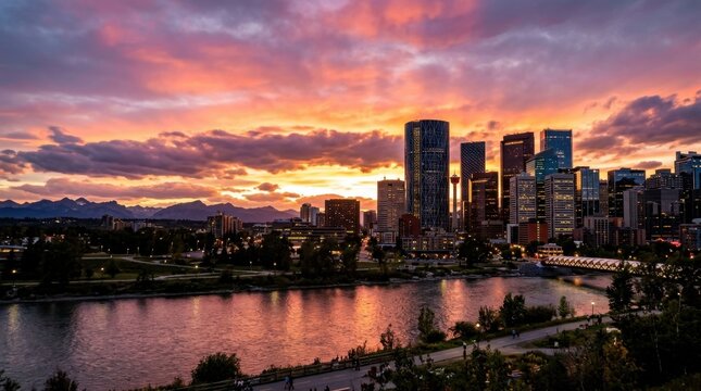 Vibrant Sunset Behind Calgary Downtown Skyline