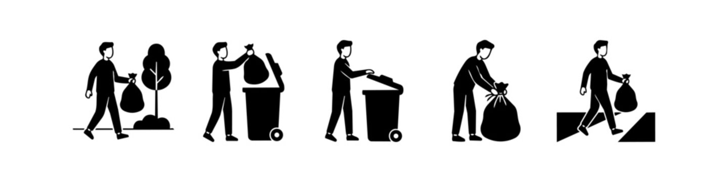 Black silhouette icon set showing the process of cooking pasta, including boiling in a pot, straining in a colander, and serving spaghetti on a plate. Perfect for kitchen and recipe designs.