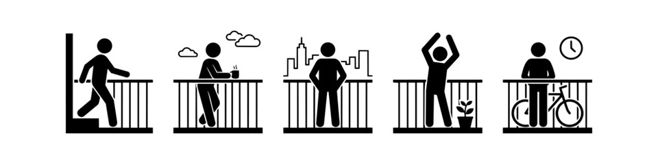 Fototapeta premium Minimalist stick figure icon set depicting common daily activities on an apartment balcony, such as drinking coffee, viewing the city, stretching, and storing a bicycle.