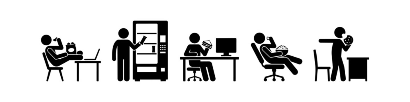 Vector stick figure icons showing office workers eating snacks like chips, sandwiches, and popcorn at their desks. Concept of workplace habits, unhealthy eating, and office breaks.
