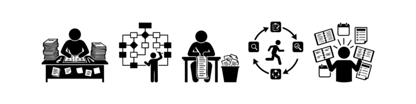 Set of black business icons depicting workflow management, multitasking, planning, and workload stress. Features figures working at desks, managing flowcharts, and handling busy schedules.