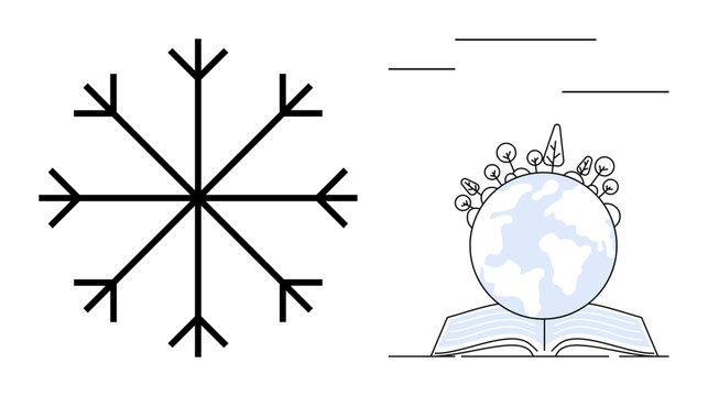 Climate change, global studies, environment education, weather patterns, sustainability, knowledge sharing. Large snowflake and globe resting on an open book. Climate change and global studies ideas