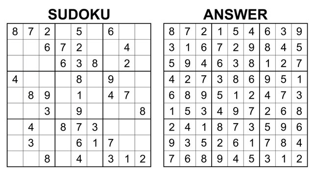 Vector sudoku with answer 84. Educational game with numbers for kids and leisure for adult on white background.