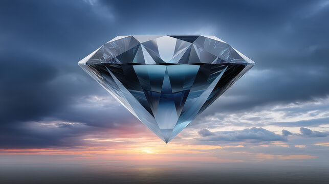 A breathtaking, flawless diamond shimmers against a dramatic sky at sunset, reflecting the vibrant colors and promising endu beauty and strength.