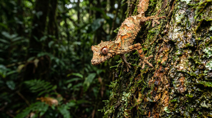 Fototapeta premium Rare satanic leaf tailed gecko camouflaged on rainforest tree bark