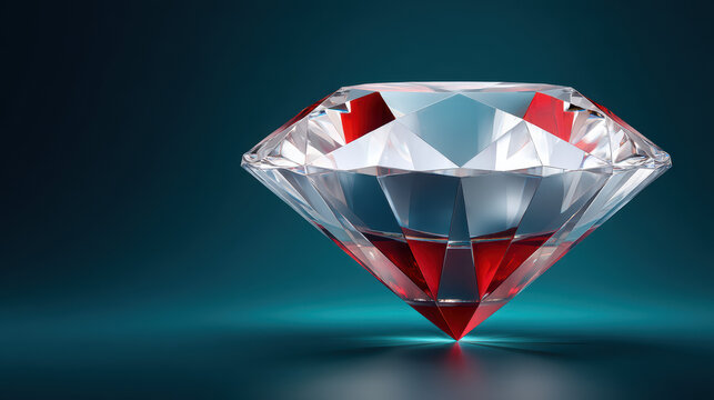 A luminous diamond with a mix of clear and red facets glistens brilliantly against a dark blue background, creating an effect of high value and worthiness.