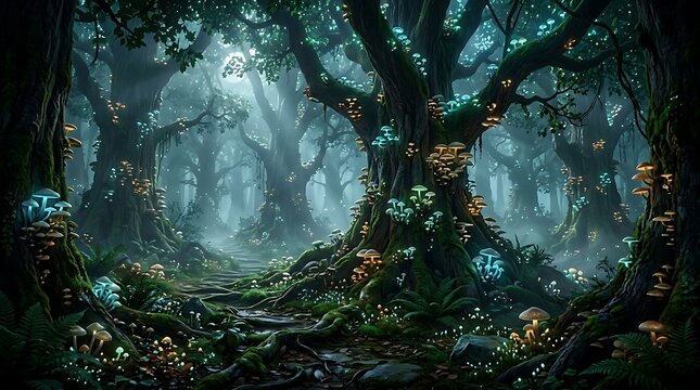 Pixel art fantasy forest with glowing mushrooms at night