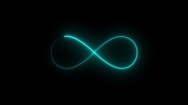 Glowing neon cyan Infinity symbol icon Animation on Black Background. infinity icon animation. Glowing infinity loop, neon energy flow in darkness.motion graphic of Eternity concept.4k motion video