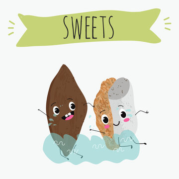Funny Characters mostaccino, Ossa di morto, le ossa dei morti, italy dessert, hand drawn vector illustration.
