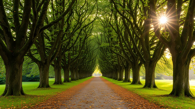 Tree Lined Pathway with Sunlight - Serene Forest Road, Nature Landscape