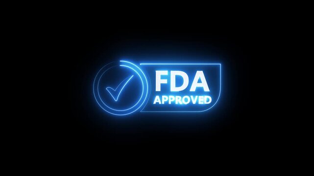 glowing neon FDA Approved icon Food and Drug Administration label. FDA Approved blue Check Mark icon. FDA Approval icon and Medical Research, motion graphic of FDA approved check mark concept