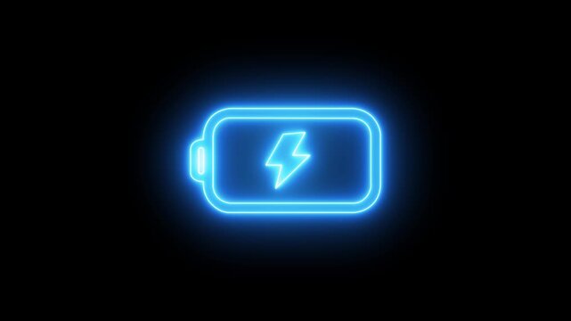 Neon glowing Battery charging icon. Abstract battery icon symbol.on a black background motion graphic of battery charging icon concept. 4k motion video