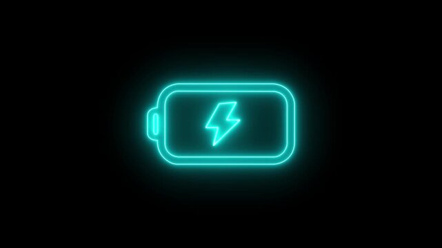 Neon glowing Battery charging icon. Abstract battery icon symbol.on a black background motion graphic of battery charging icon concept. 4k motion video