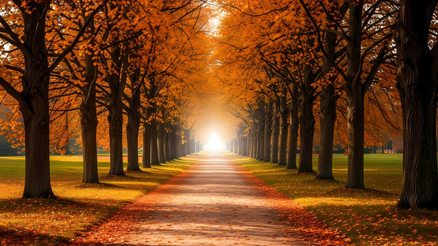 Autumn Path Lined with Trees, Fall Foliage, Golden Sunlight, Pathway Scene