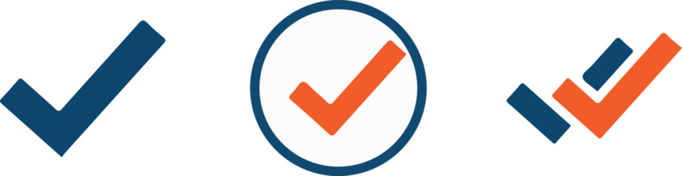 checkmark tick icon set navy blue orange flat vector single circle double check approval verification design