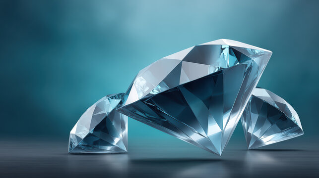 Three exquisitely cut diamonds glimmer on a sleek surface, reflecting light with their facets against a soft teal background, showcasing luxurious brilliance.