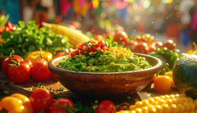 A vibrant close-up showcases a bowl of freshly made guacamole topped with pico de gallo, surrounded by an abundance of colorful vegetables bathed in warm sunlight.