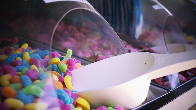 Bunte Gummiw&uuml;rmer in S&uuml;&szlig;igkeitenbox auf Volksfest oder Weihnachtsmarkt