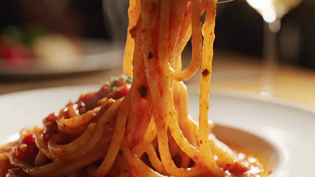 Close up of fork picking hot and spicy spaghetti in a restaurant setting during lunch time