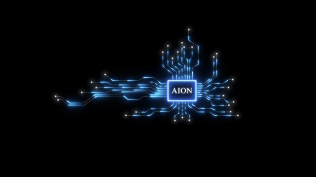 Aion digital processor chip with glowing blue circuit board data flow animation on black background motherboard