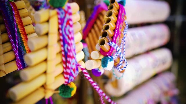 Bunte Bambusfl&ouml;ten h&auml;ngen an Souvenir Verkaufsstand im Wind