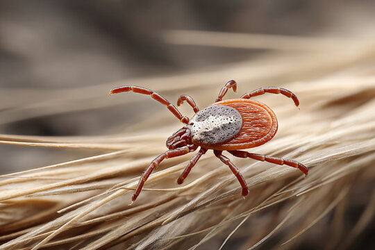 Small brown tick crawling on dry grass in a natural outdoor setting during the daytime