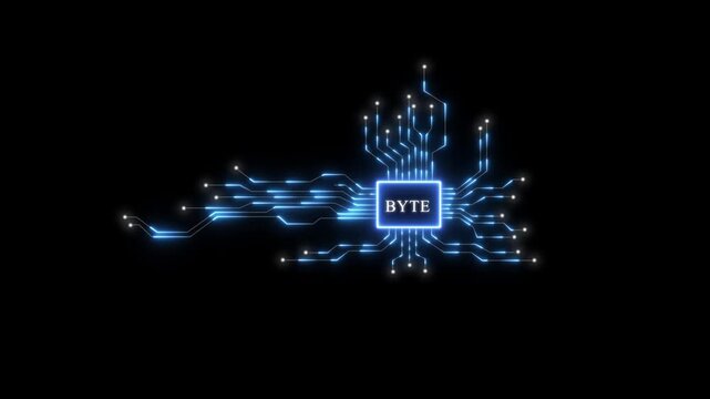 Digital byte processor circuit board animation, glowing blue cybernetic data flow and technology network concept