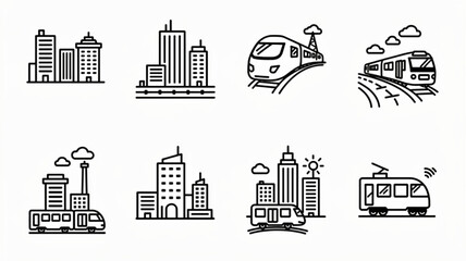 City Buildings and Train Transportation Icons. © Store