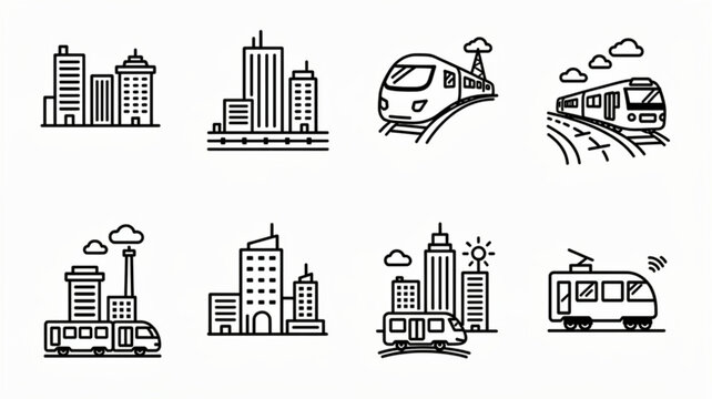 City Buildings and Train Transportation Icons.