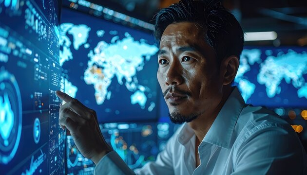 Intense focus amidst digital landscapes and strategic insights.