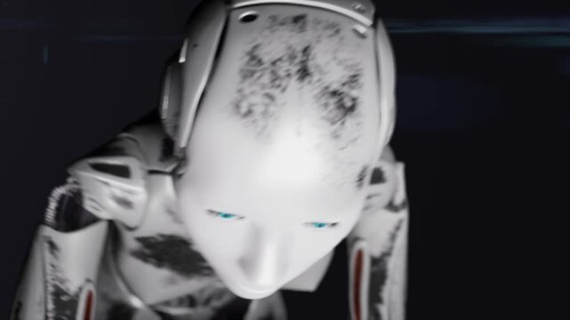 Loop able high technology 3d animation of humanoid female cyborg crawl on all fours. Broken rusty mechanical body dying