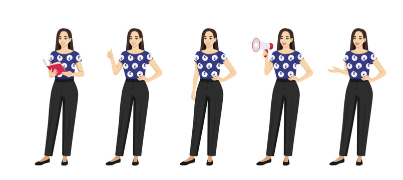 Young businesswoman with long hair in half-turn pose showing various gestures. Female character standing with megaphone, holding book, speaking and showing thumbs up. Isolated vector illustration set