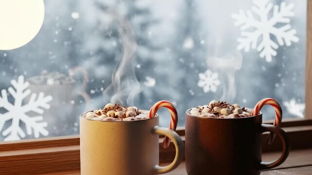 Cozy Winter Evening with Steaming Hot Chocolate Mugs and Festive Snowflakes.